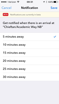 TransLoc app screenshot showing notification setup when a bus arrives at a chosen stop location