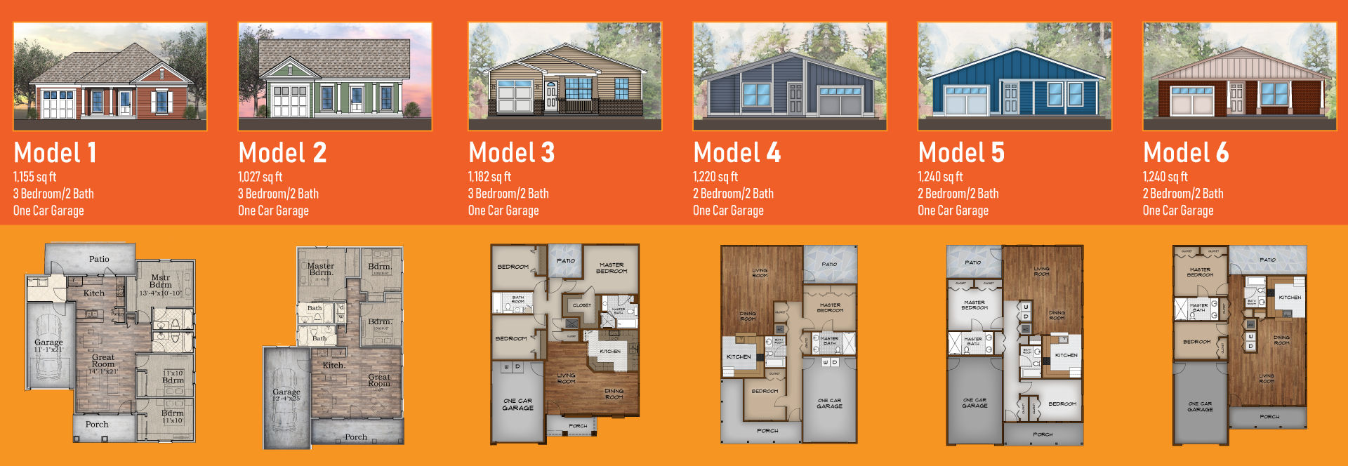 An image showing all 6 available house plans and renderings.