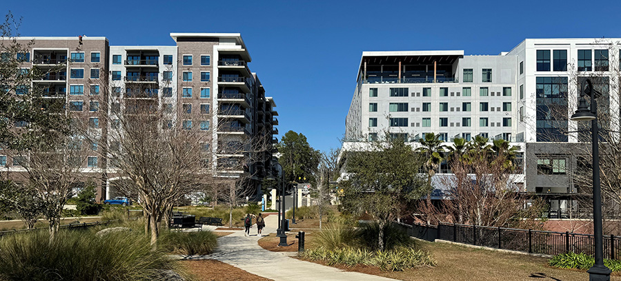 view from Cascades Park at recently built buildings